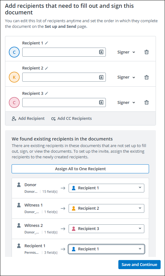 Add recipients to document screenshot